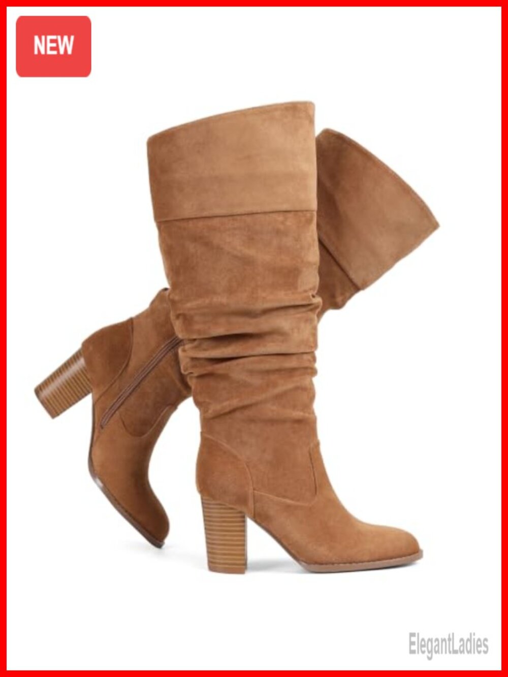 Wide Calf Suede Slouch Knee High Boots Side Zip Round Toe Block Heel